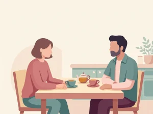 Mutfak masasında konuşan bir çift