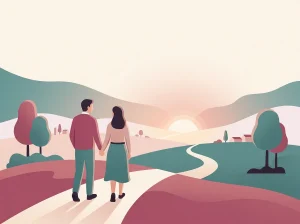 Gün doğumuna doğru el ele yürüyen çift