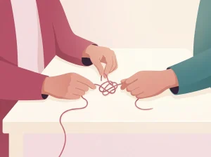Düğümlenmiş bir ipi sabırla çözen eller
